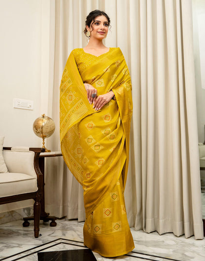 Yellow Silk Bandhani Printed Zari Stripe Saree 