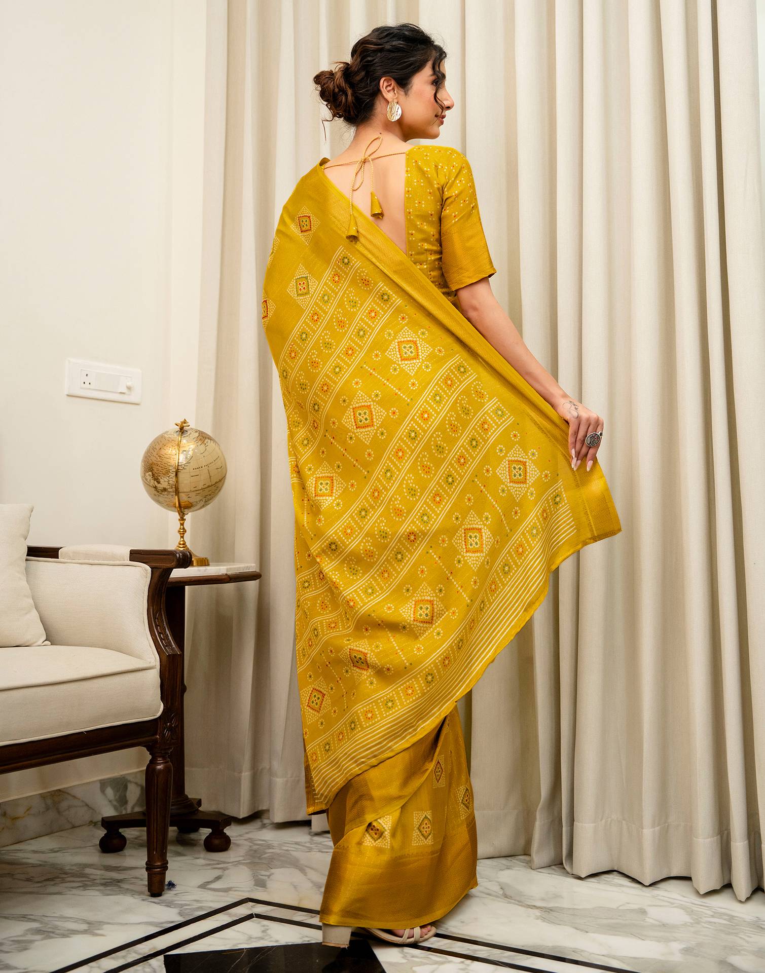 Yellow Silk Bandhani Printed Zari Stripe Saree 
