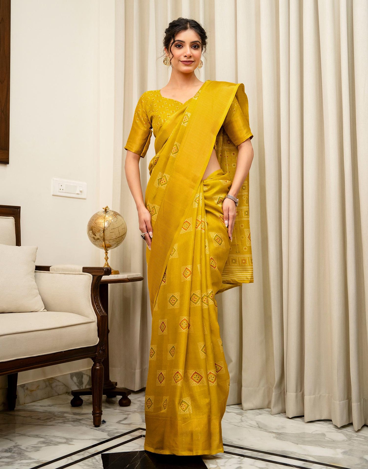 Yellow Silk Bandhani Printed Zari Stripe Saree 