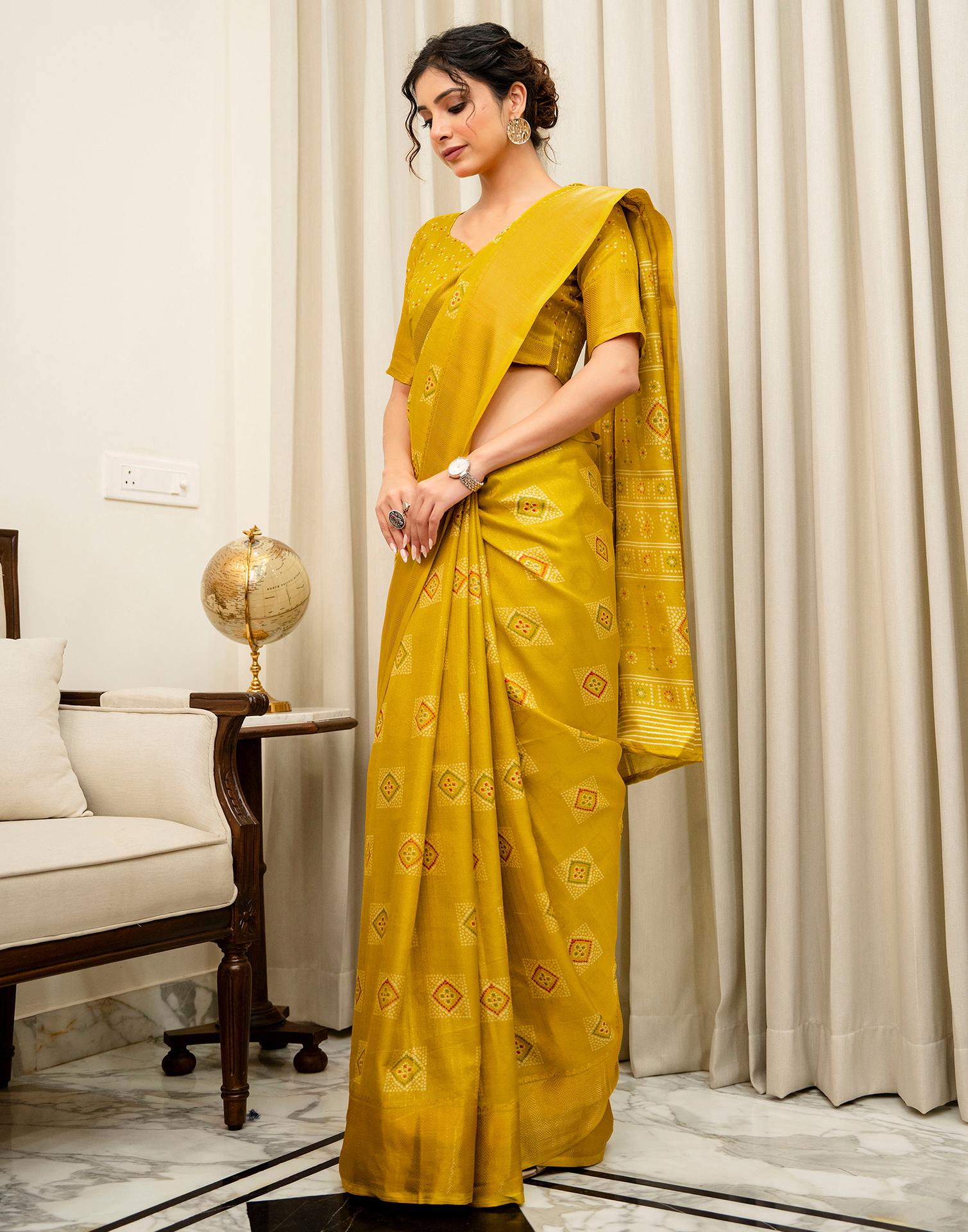 Yellow Silk Bandhani Printed Zari Stripe Saree 