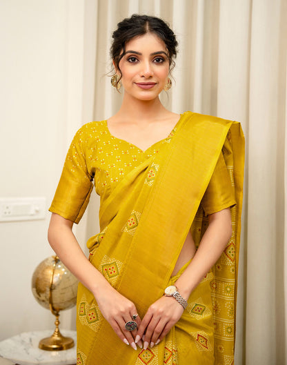 Yellow Silk Bandhani Printed Zari Stripe Saree 