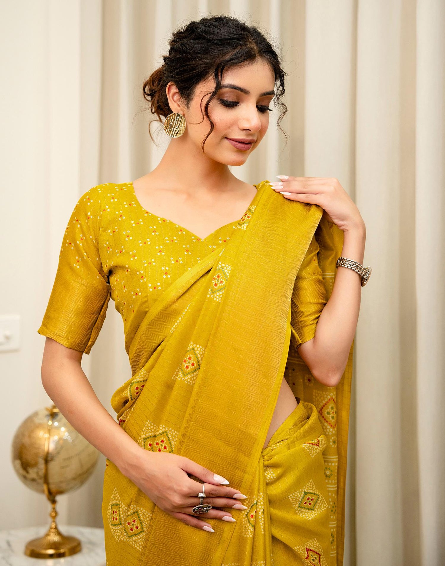Yellow Silk Bandhani Printed Zari Stripe Saree 