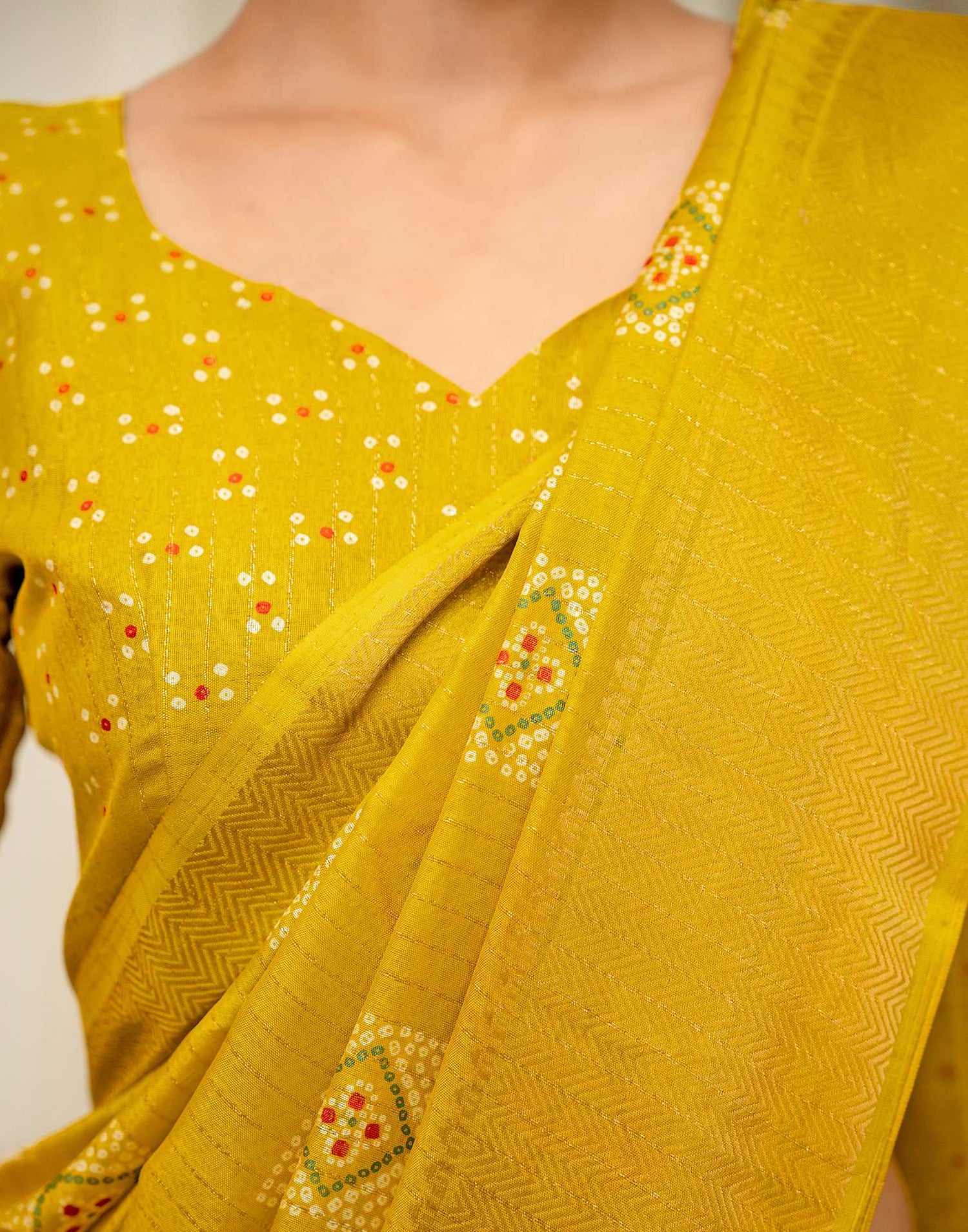 Yellow Silk Bandhani Printed Zari Stripe Saree 