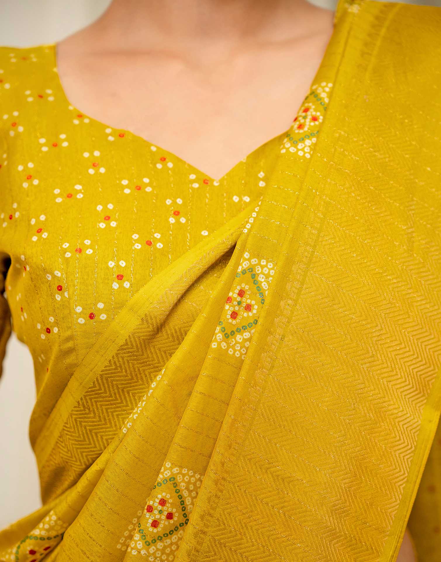 Yellow Silk Bandhani Printed Zari Stripe Saree 