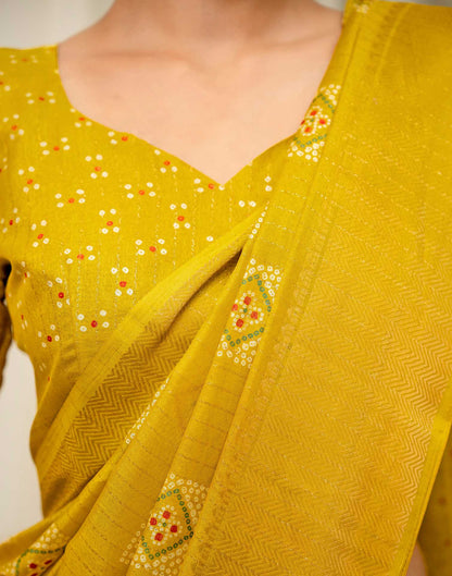 Yellow Silk Bandhani Printed Zari Stripe Saree 