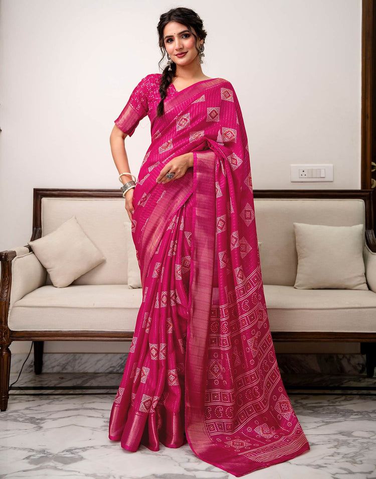 Rani Pink Silk Bandhani Printed Zari Stripe Saree 