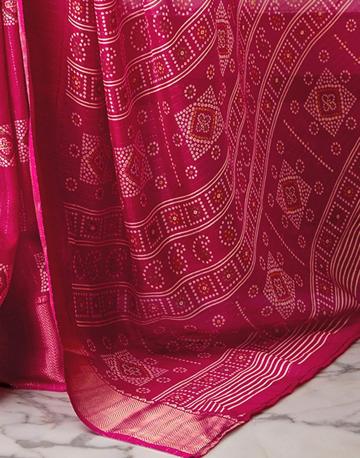 Rani Pink Silk Bandhani Printed Zari Stripe Saree 