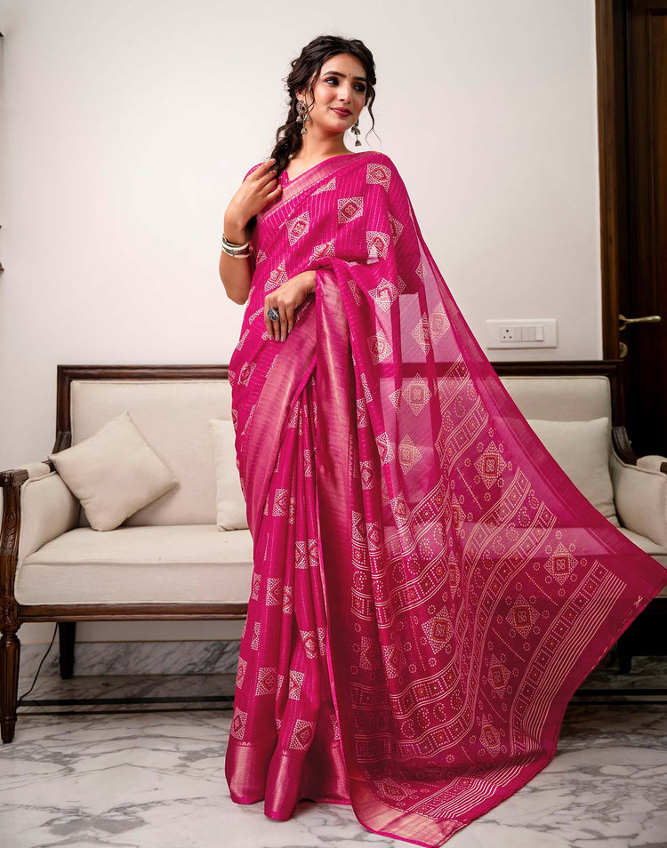 Rani Pink Silk Bandhani Printed Zari Stripe Saree 