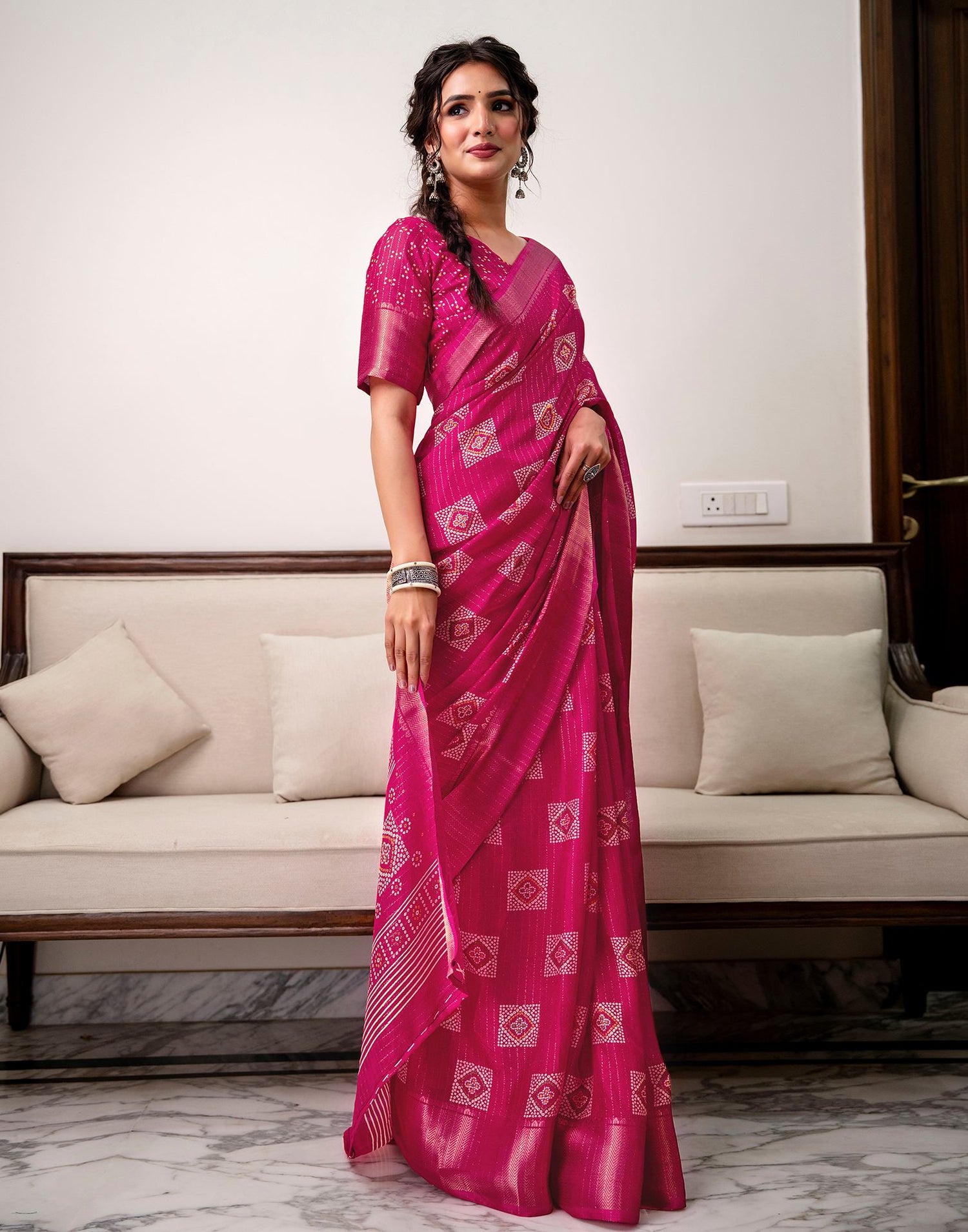 Rani Pink Silk Bandhani Printed Zari Stripe Saree 