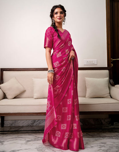 Rani Pink Silk Bandhani Printed Zari Stripe Saree 