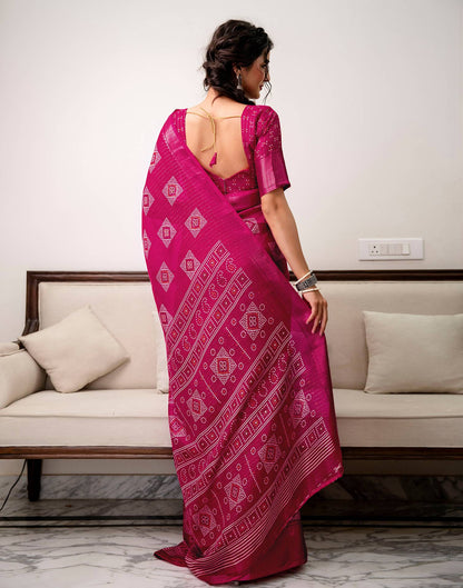 Rani Pink Silk Bandhani Printed Zari Stripe Saree 