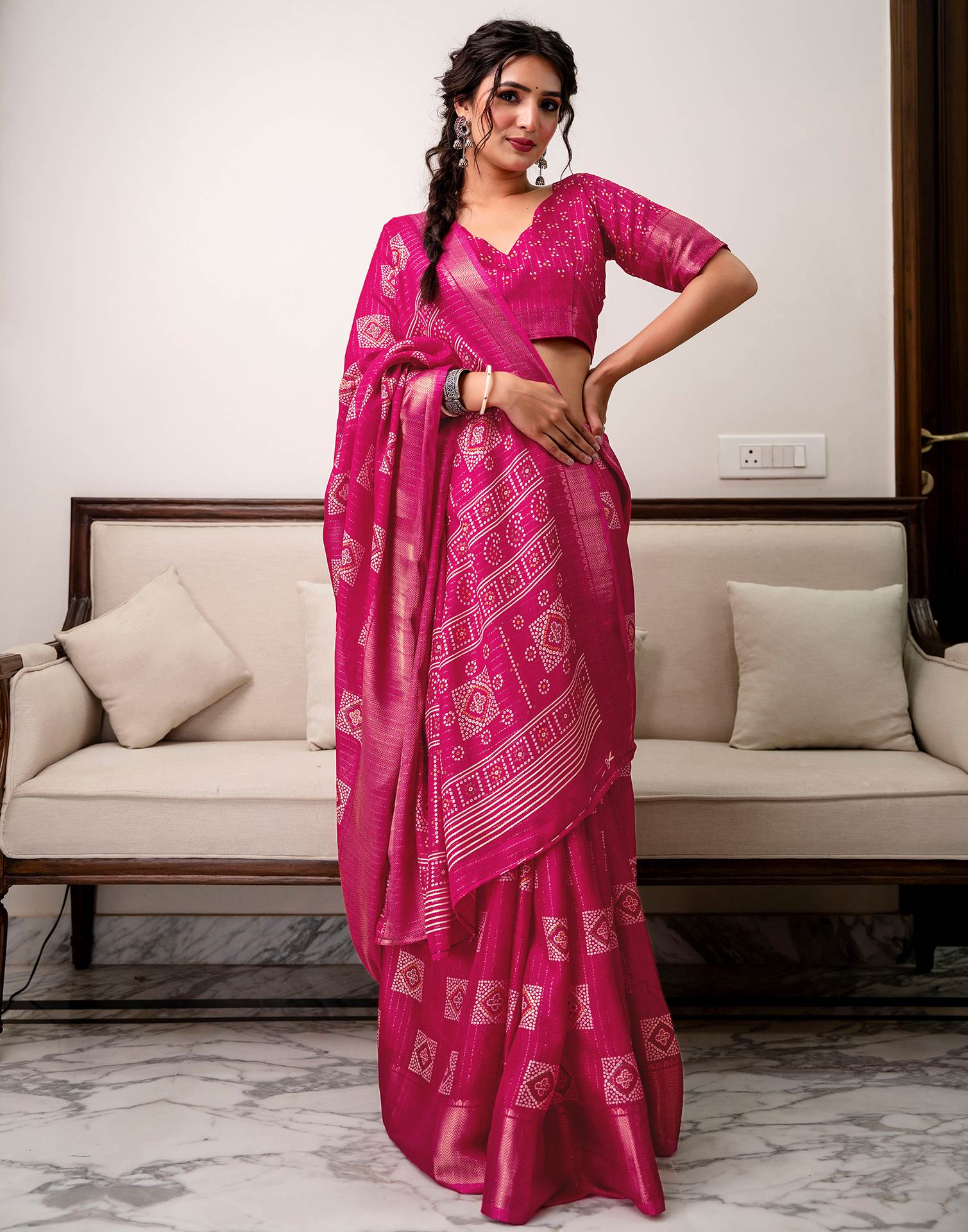 Rani Pink Silk Bandhani Printed Zari Stripe Saree 