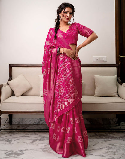 Rani Pink Silk Bandhani Printed Zari Stripe Saree 