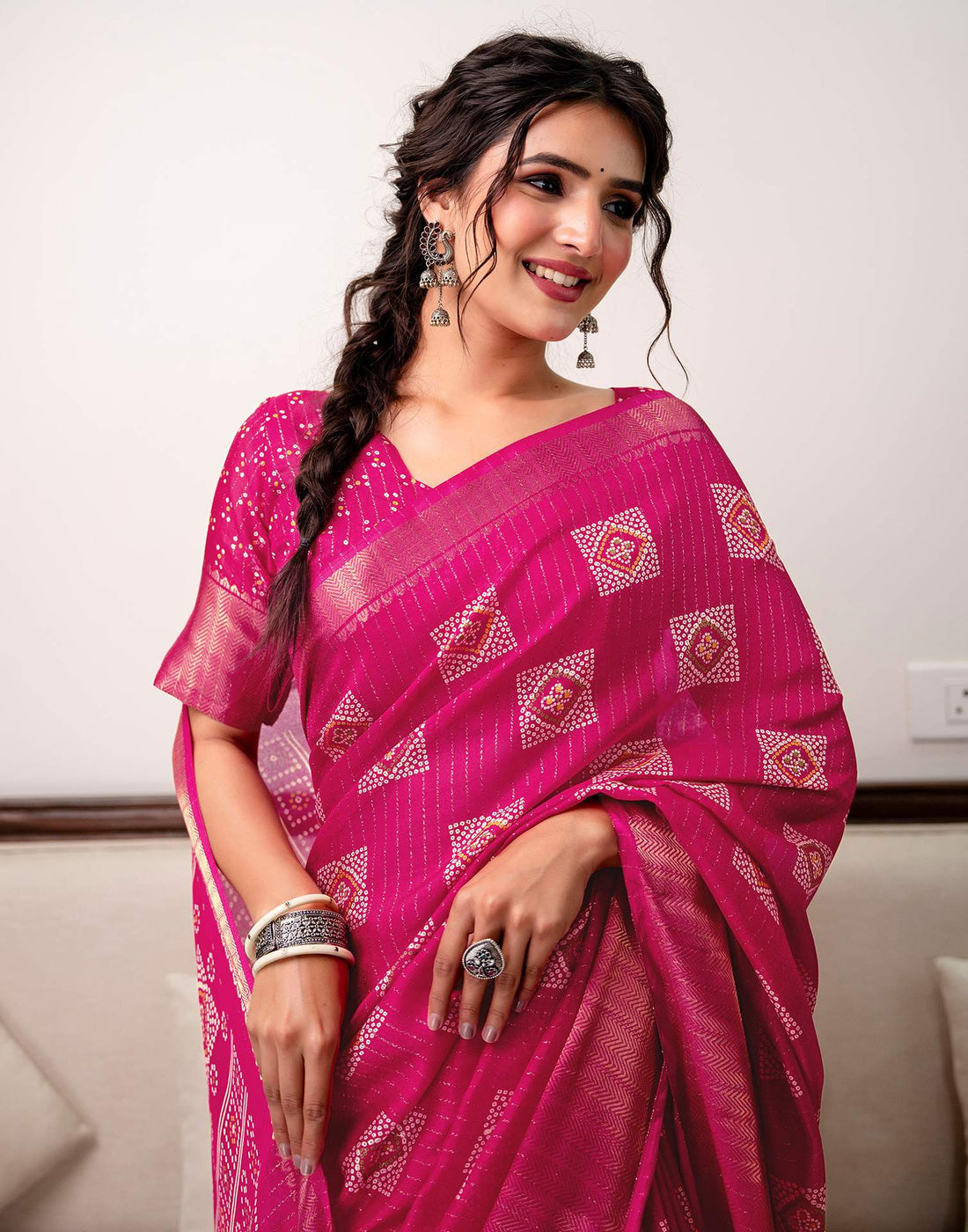 Rani Pink Silk Bandhani Printed Zari Stripe Saree 