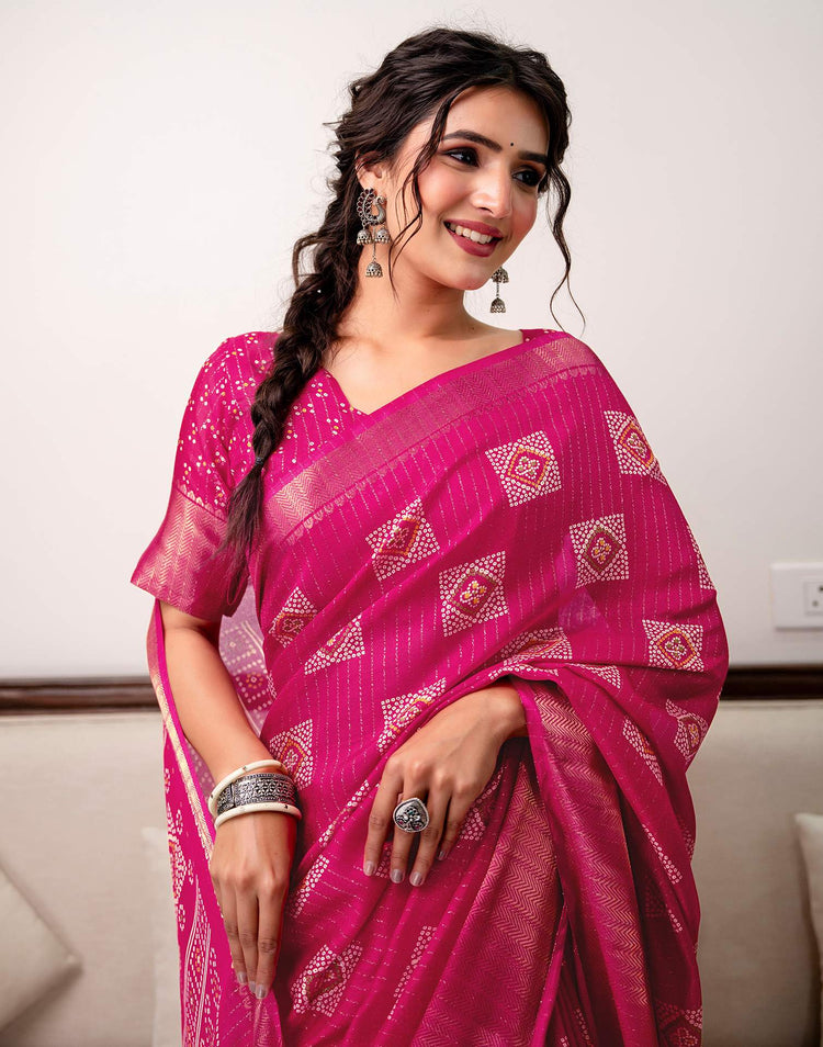 Rani Pink Silk Bandhani Printed Zari Stripe Saree 