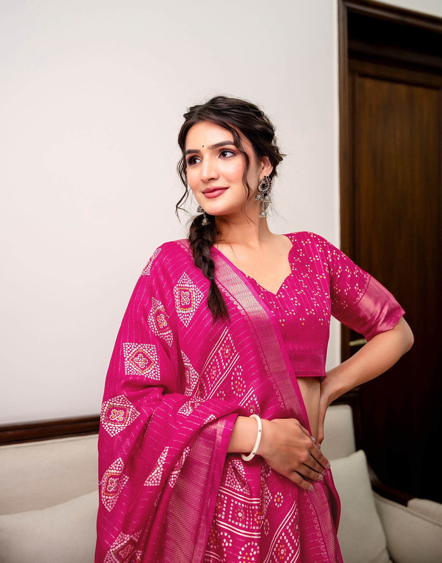 Rani Pink Silk Bandhani Printed Zari Stripe Saree 
