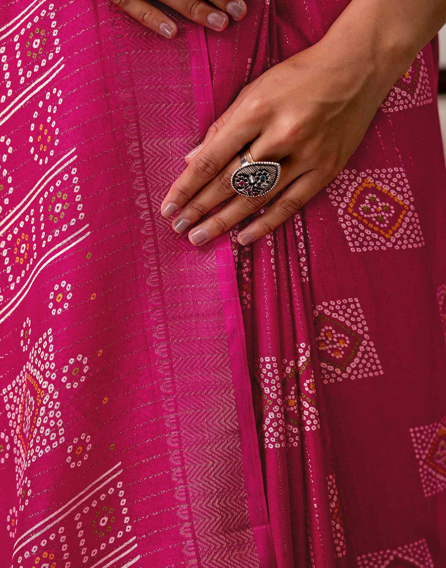 Rani Pink Silk Bandhani Printed Zari Stripe Saree 