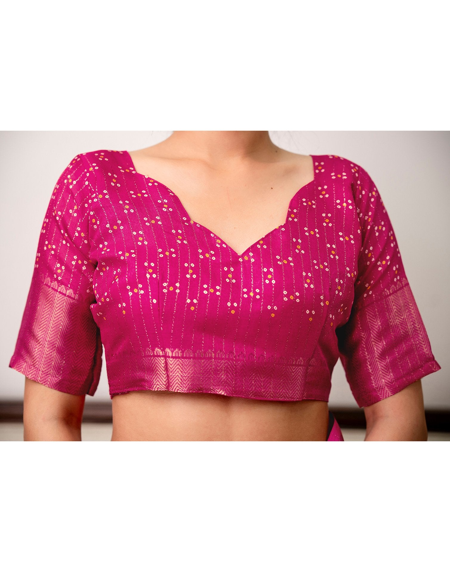Rani Pink Silk Bandhani Printed Zari Stripe Saree 