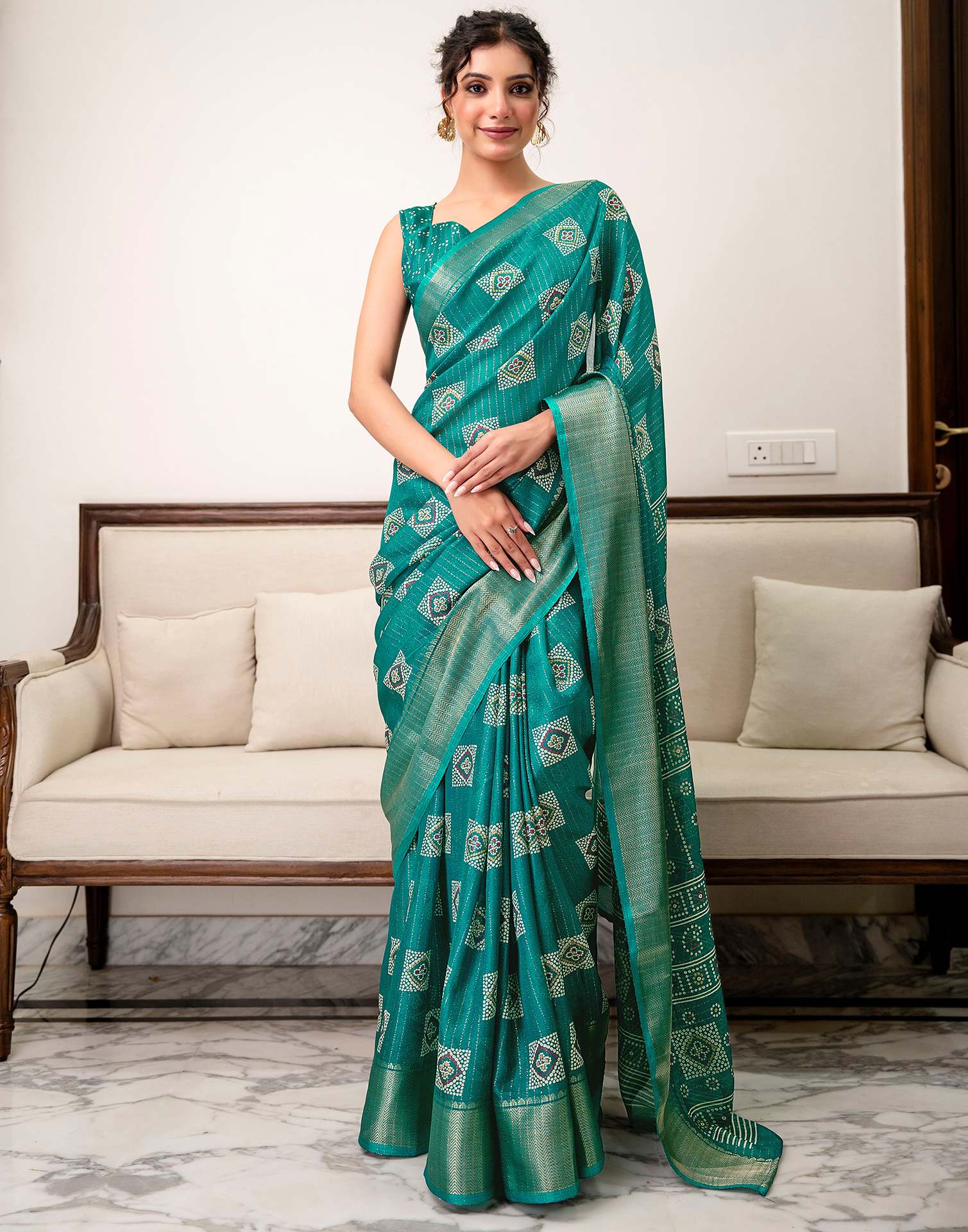 Teal Green Silk Bandhani Printed Zari Stripe Saree 