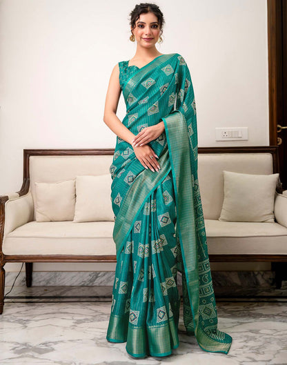 Teal Green Silk Bandhani Printed Zari Stripe Saree 