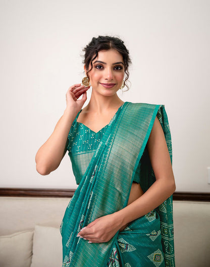 Teal Green Silk Bandhani Printed Zari Stripe Saree 