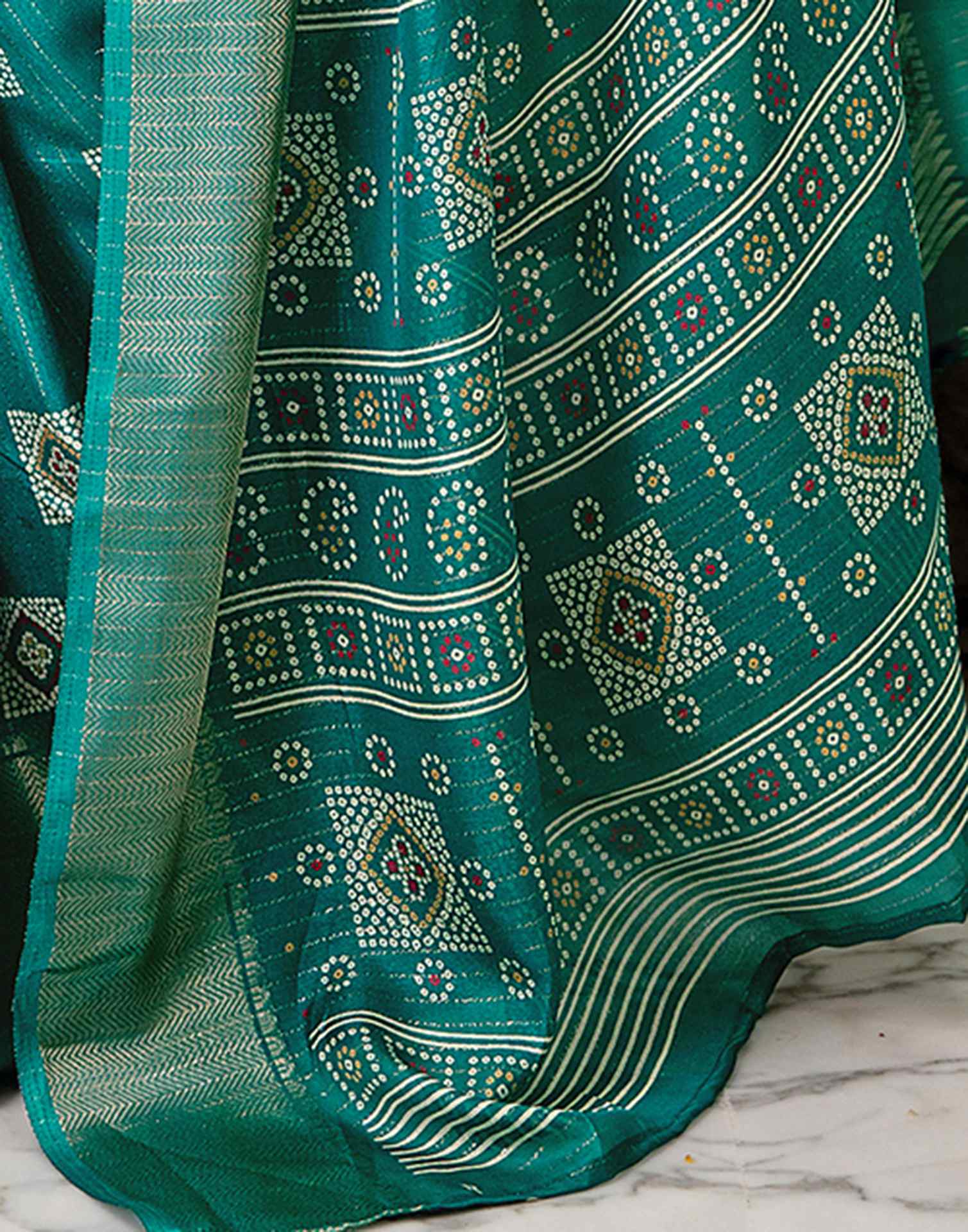 Teal Green Silk Bandhani Printed Zari Stripe Saree 