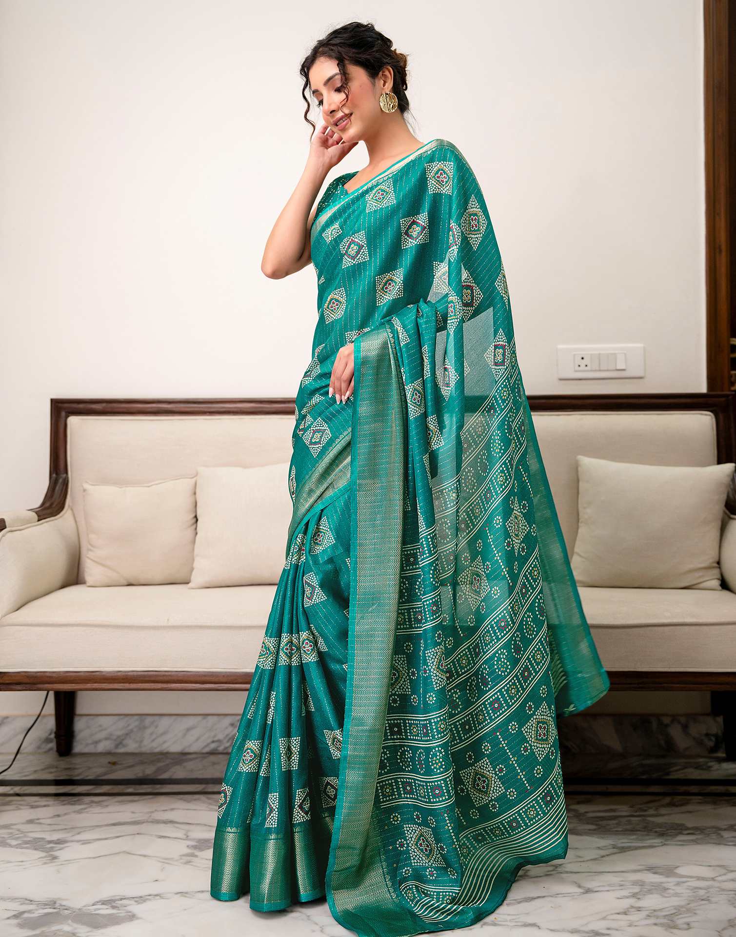 Teal Green Silk Bandhani Printed Zari Stripe Saree 