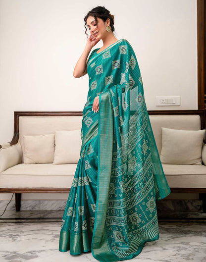 Teal Green Silk Bandhani Printed Zari Stripe Saree 