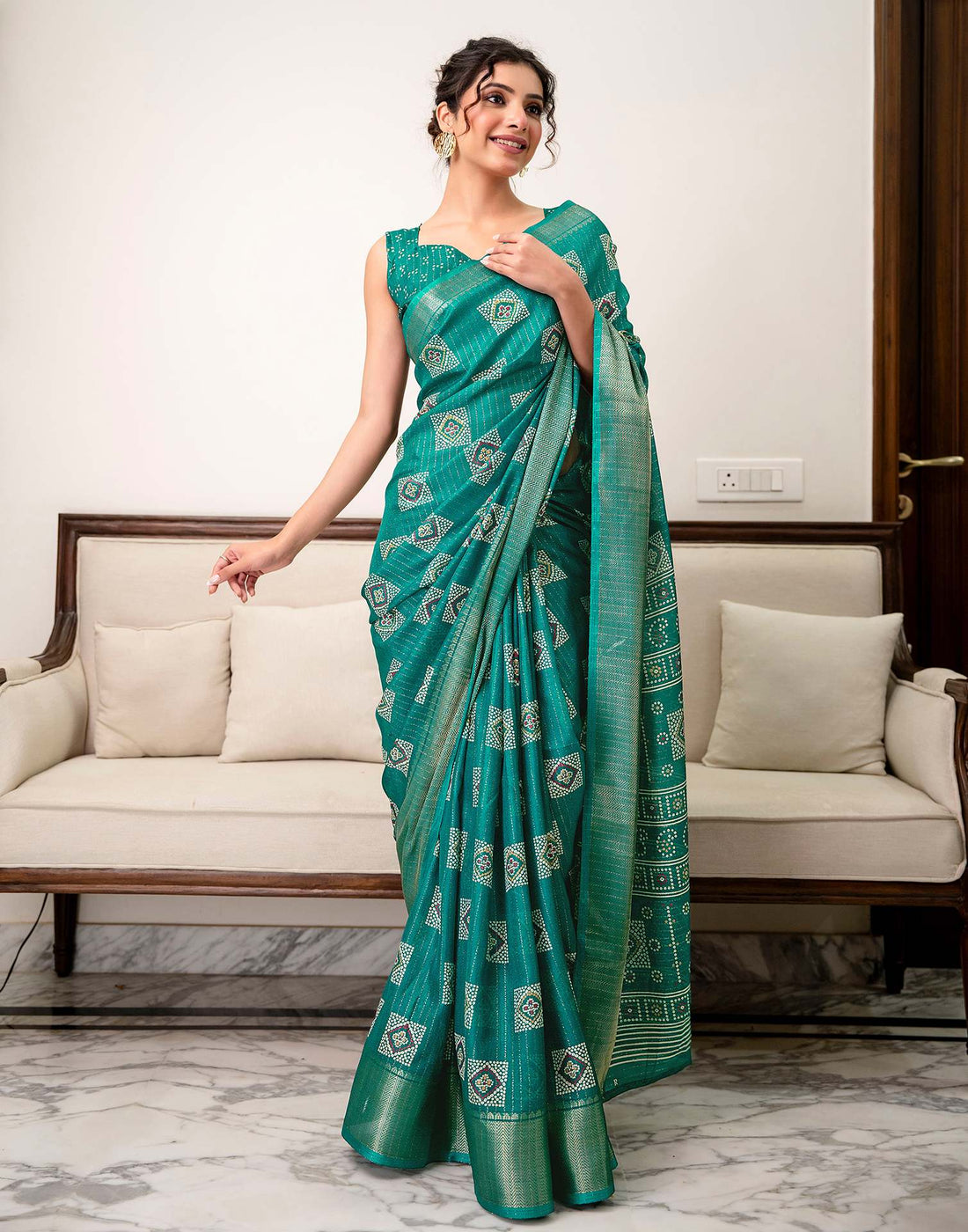 Teal Green Silk Bandhani Printed Zari Stripe Saree 