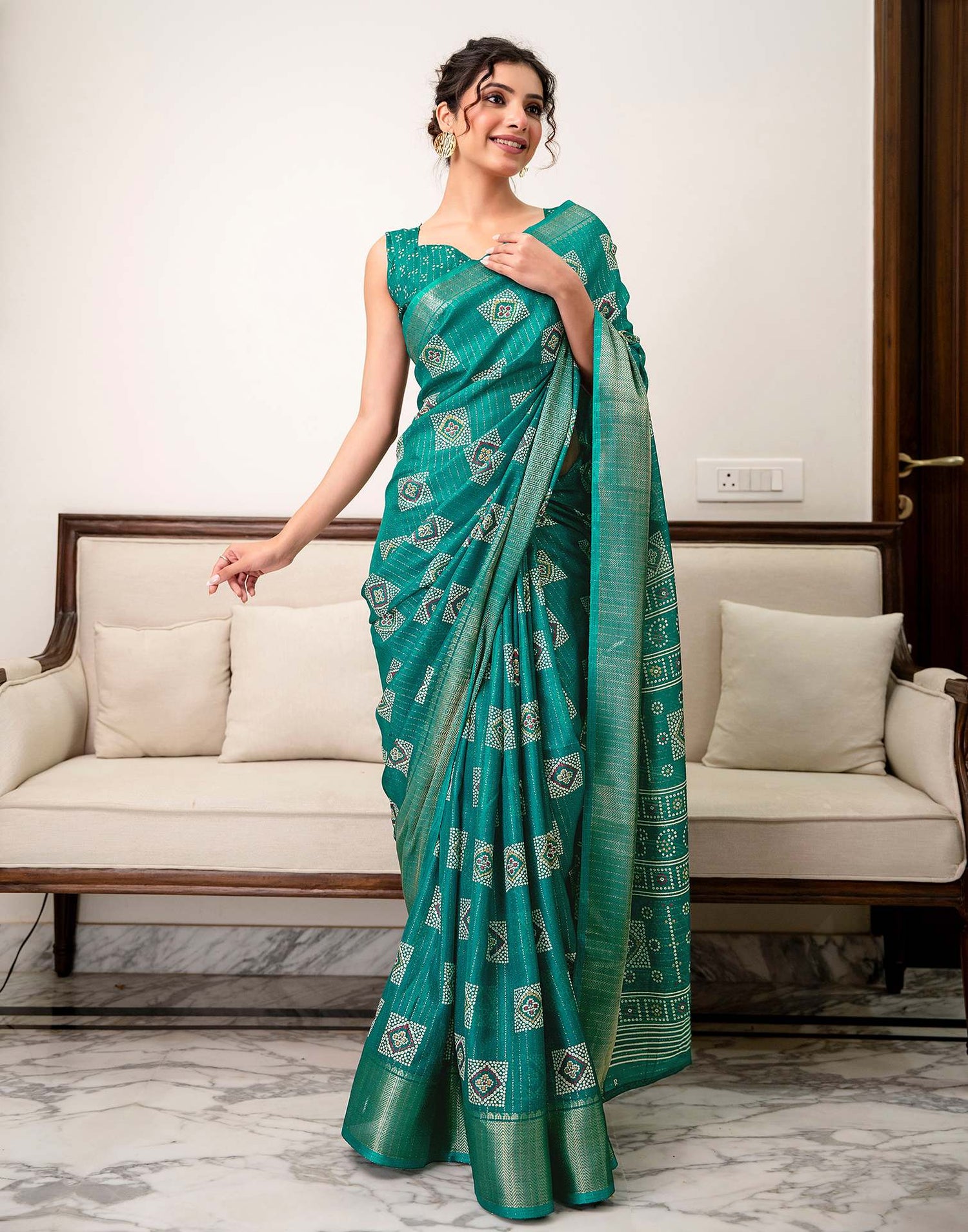 Teal Green Silk Bandhani Printed Zari Stripe Saree 