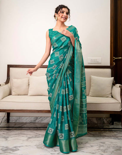 Teal Green Silk Bandhani Printed Zari Stripe Saree 