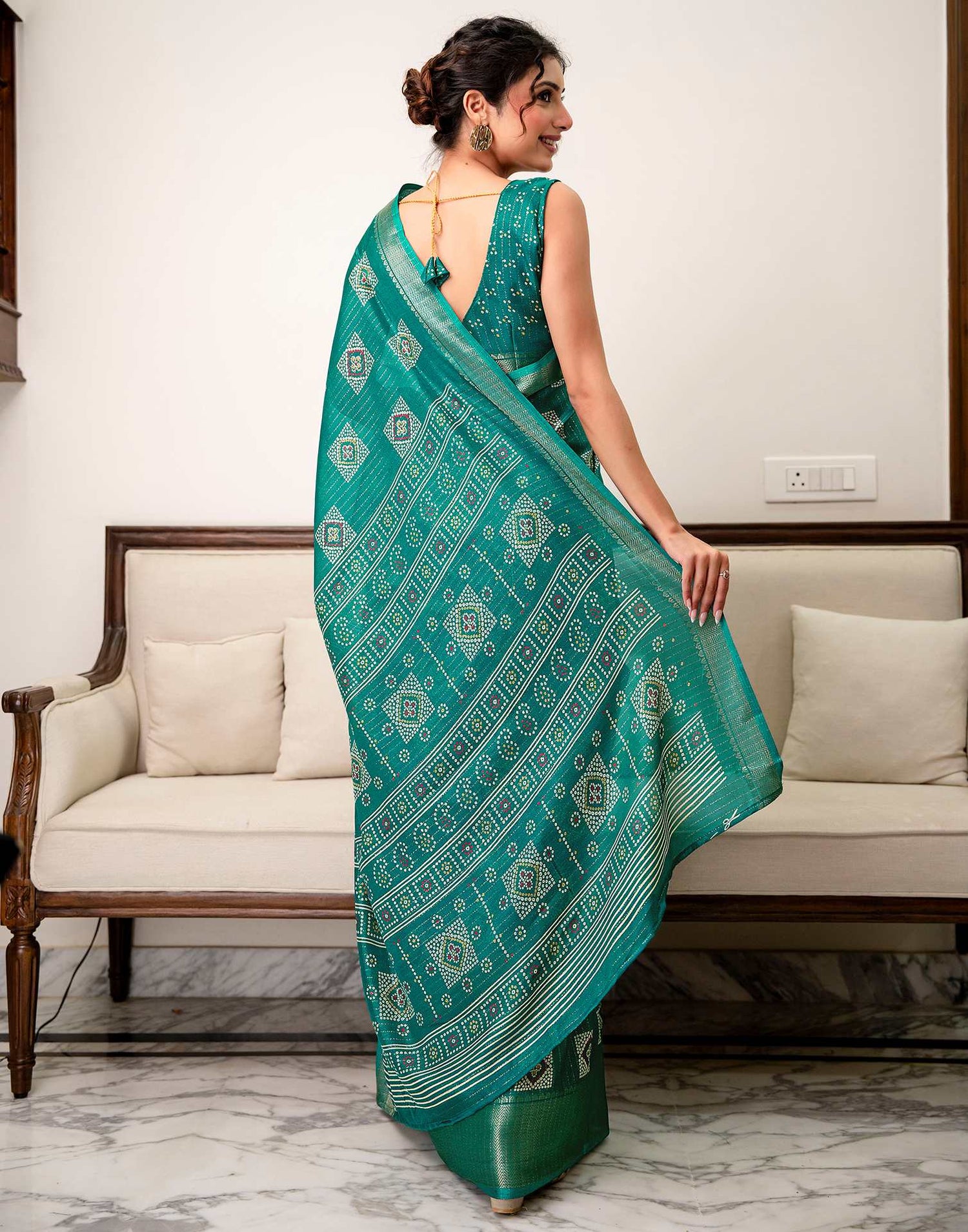 Teal Green Silk Bandhani Printed Zari Stripe Saree 