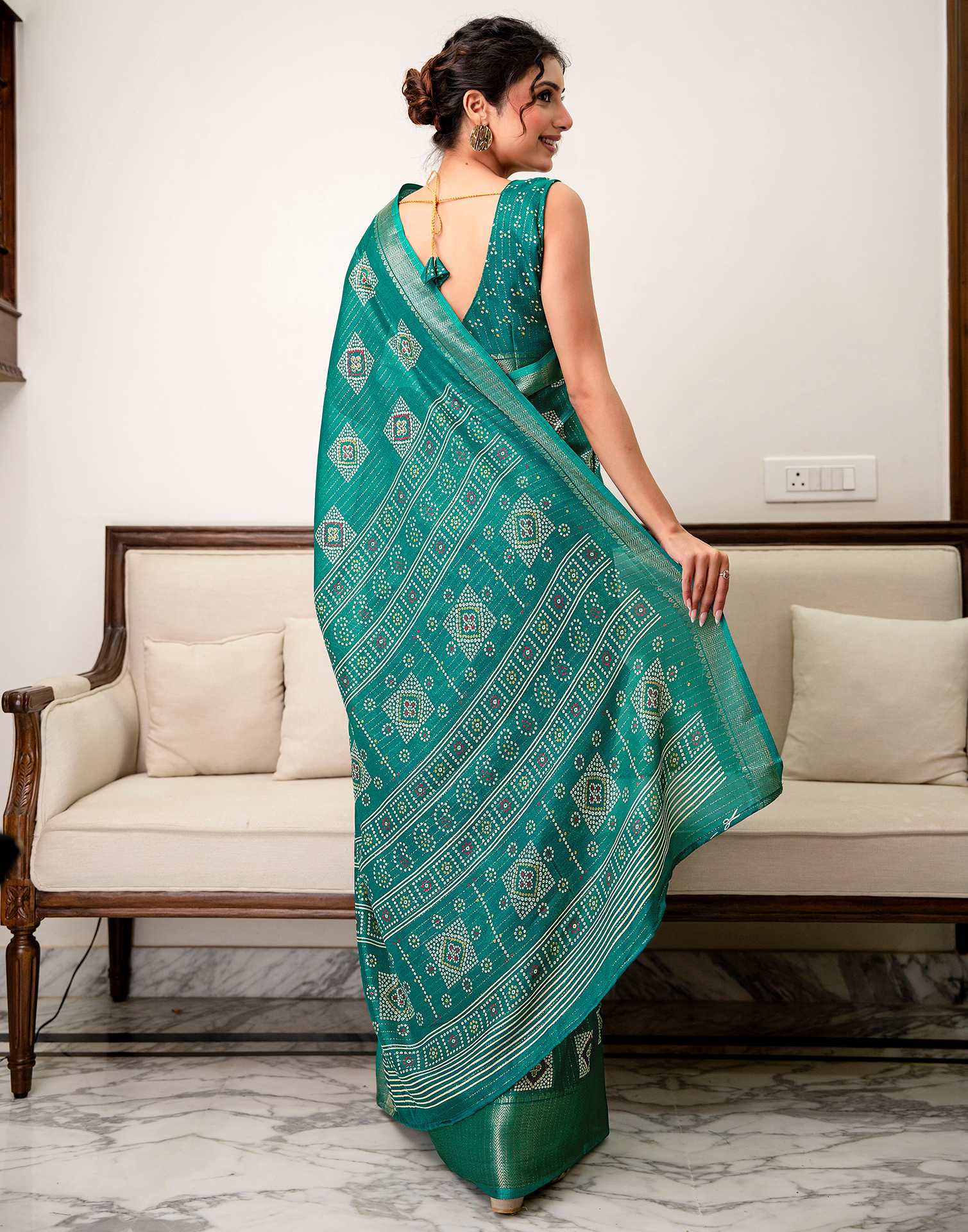 Teal Green Silk Bandhani Printed Zari Stripe Saree 