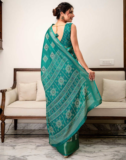 Teal Green Silk Bandhani Printed Zari Stripe Saree 