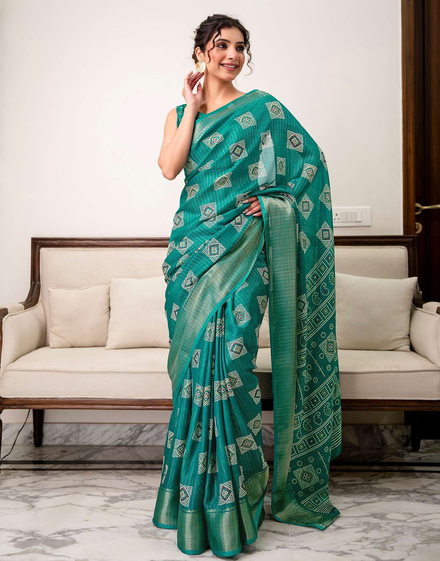 Teal Green Silk Bandhani Printed Zari Stripe Saree 