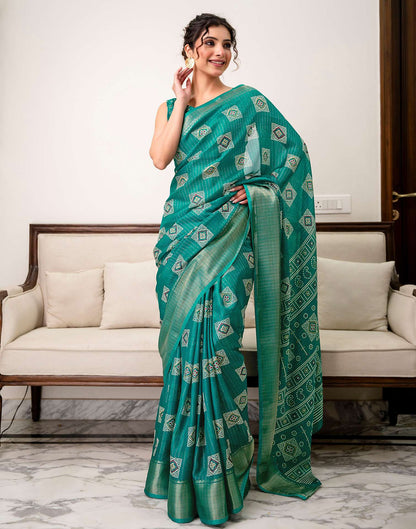 Teal Green Silk Bandhani Printed Zari Stripe Saree 