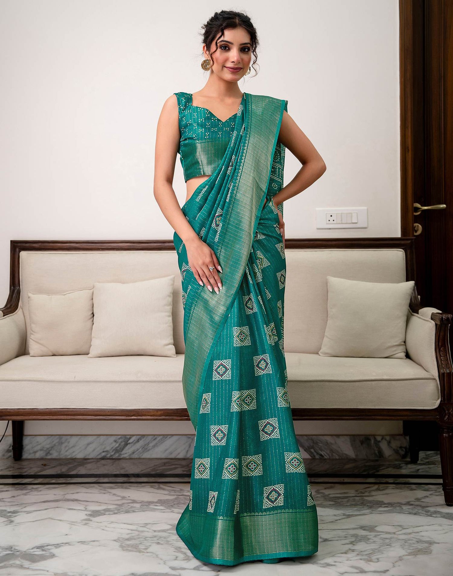 Teal Green Silk Bandhani Printed Zari Stripe Saree 