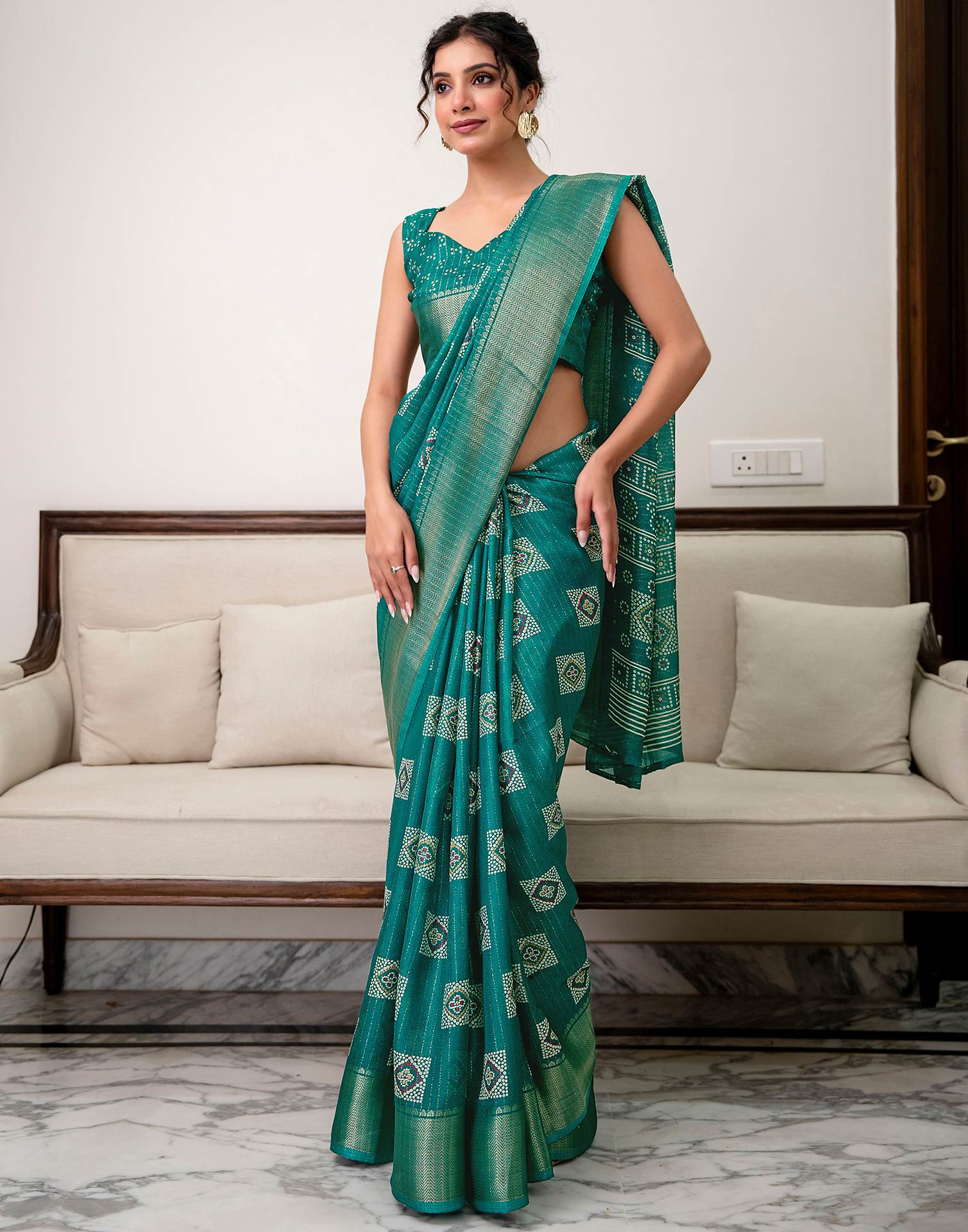 Teal Green Silk Bandhani Printed Zari Stripe Saree 