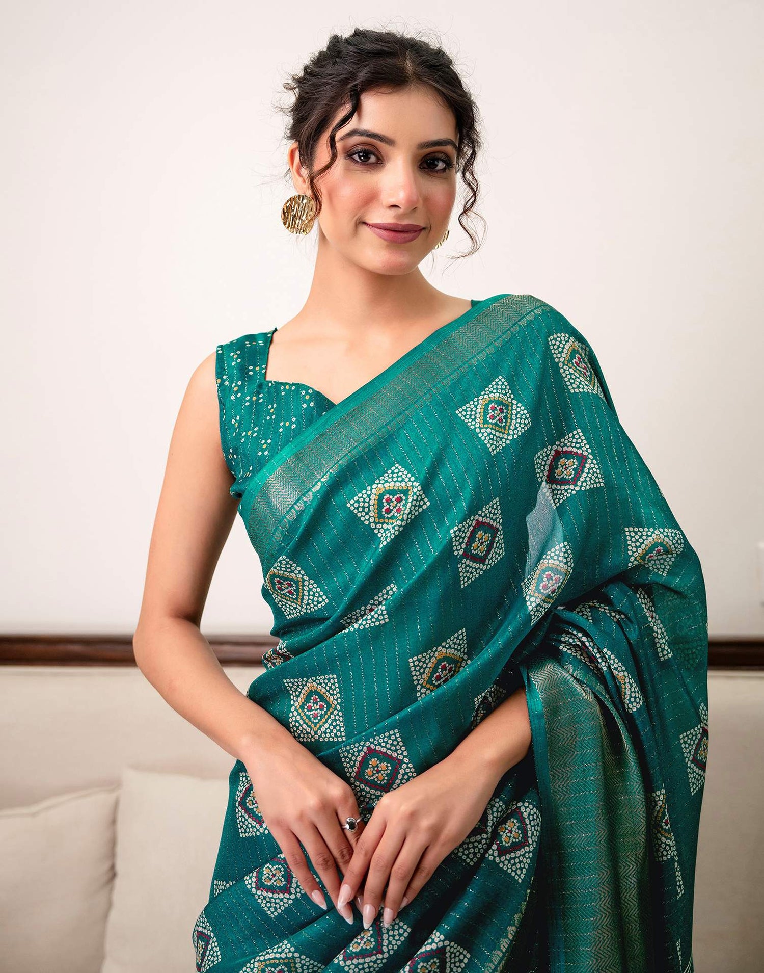Teal Green Silk Bandhani Printed Zari Stripe Saree 