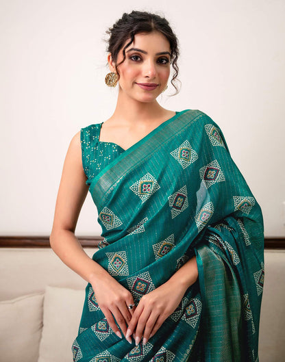 Teal Green Silk Bandhani Printed Zari Stripe Saree 