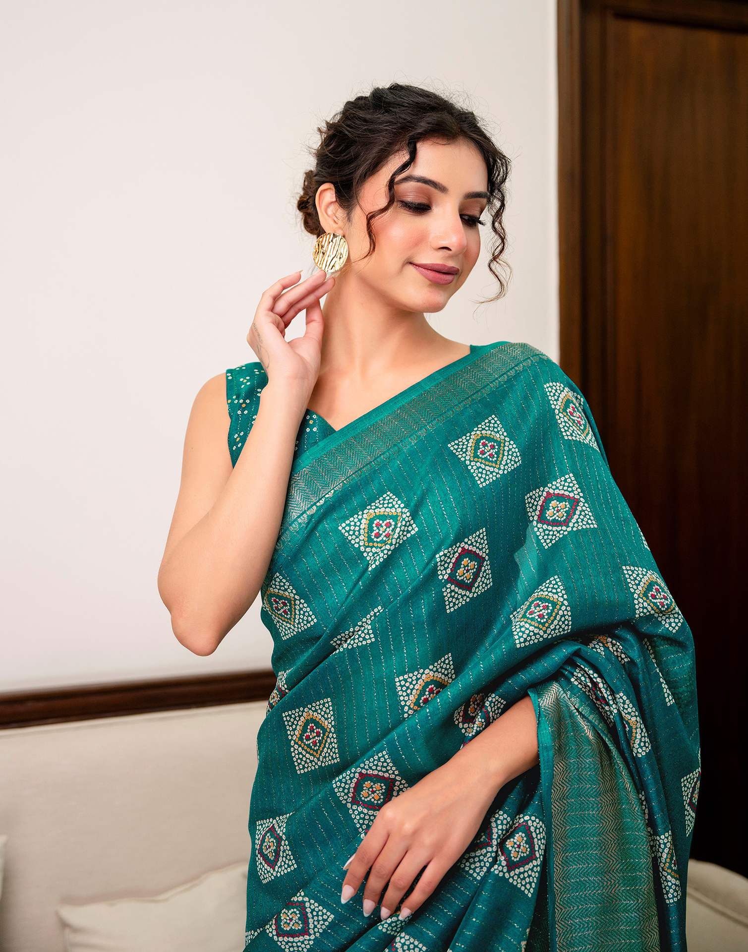 Teal Green Silk Bandhani Printed Zari Stripe Saree 