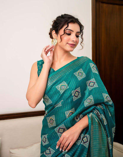 Teal Green Silk Bandhani Printed Zari Stripe Saree 
