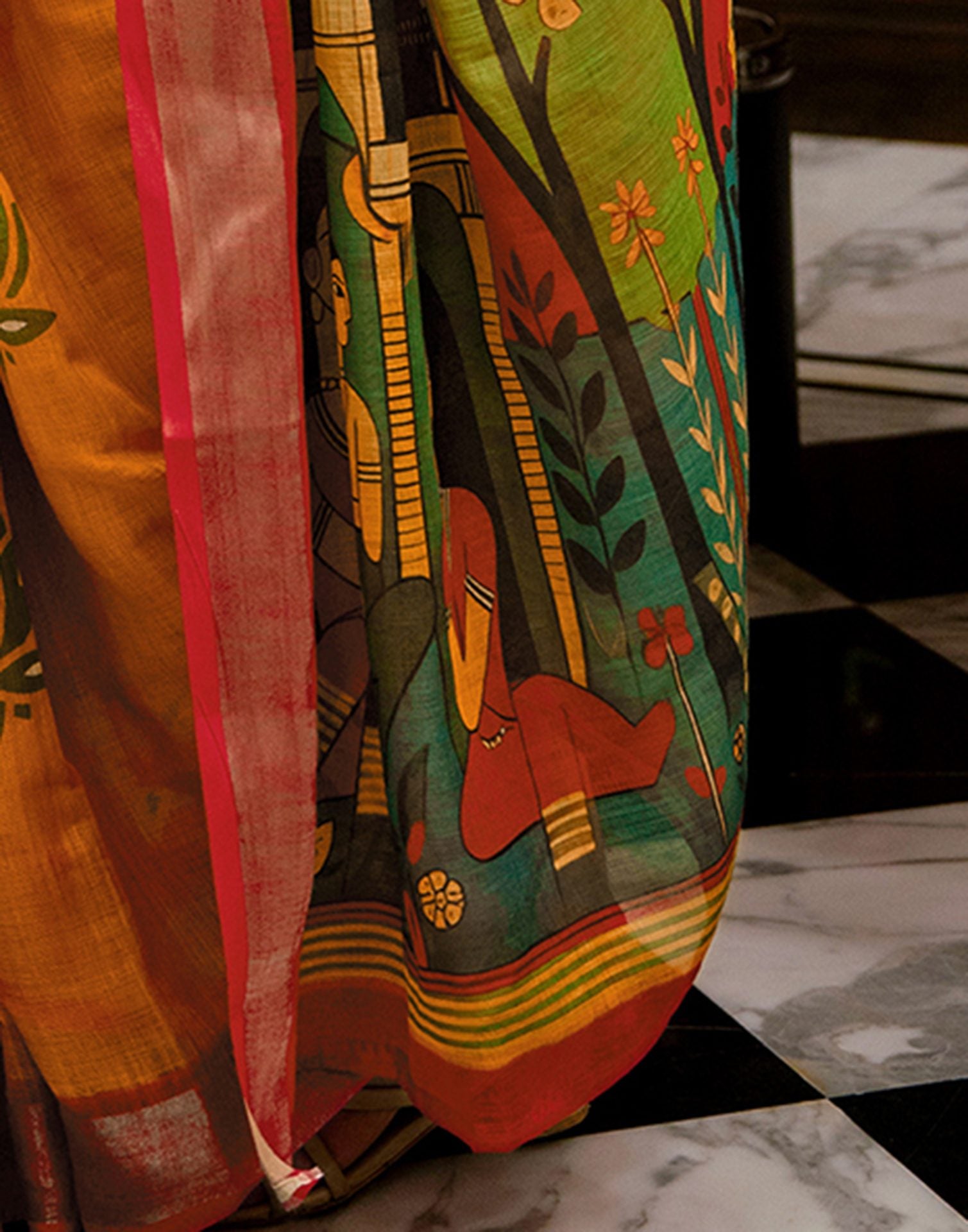 Yellow Linen Kalamkari Printed Saree