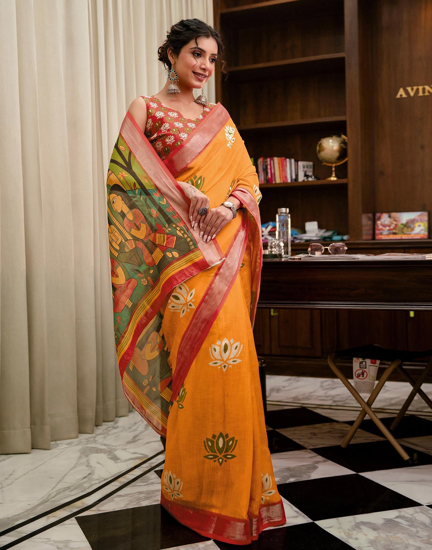 Yellow Linen Kalamkari Printed Saree