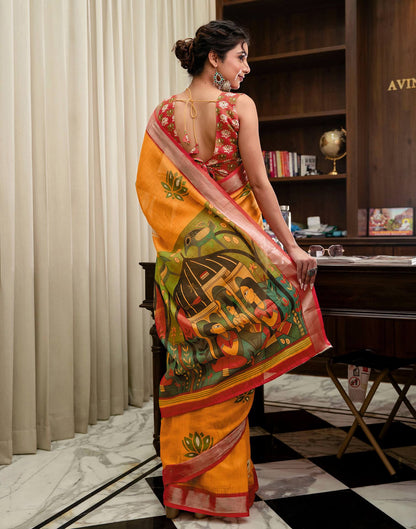 Yellow Linen Kalamkari Printed Saree