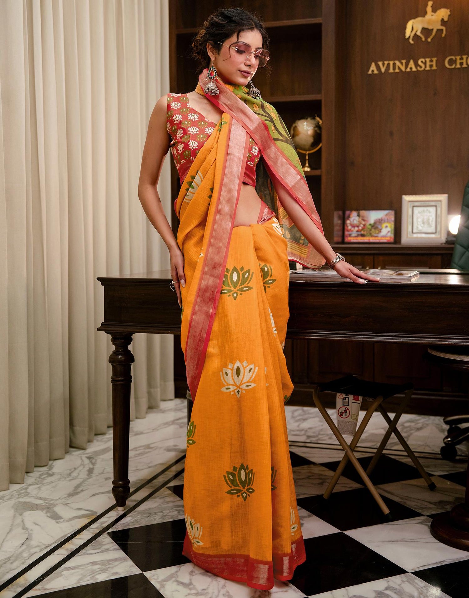 Yellow Linen Kalamkari Printed Saree