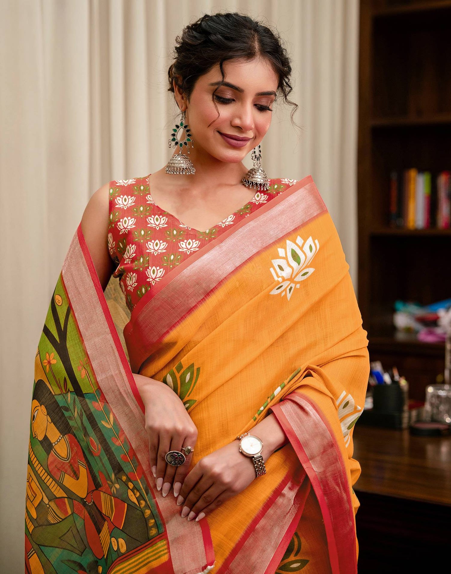 Yellow Linen Kalamkari Printed Saree