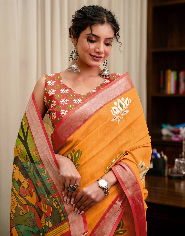 Yellow Linen Kalamkari Printed Saree