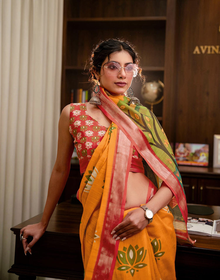 Yellow Linen Kalamkari Printed Saree