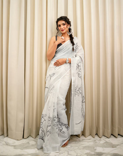 White Linen Printed Saree